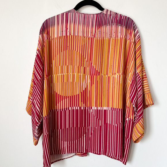 CAbi Mon Ami Striped Orange Pink Kimono Cardigan 3/4 Sleeves Womens Medium Flowy - Picture 7 of 9